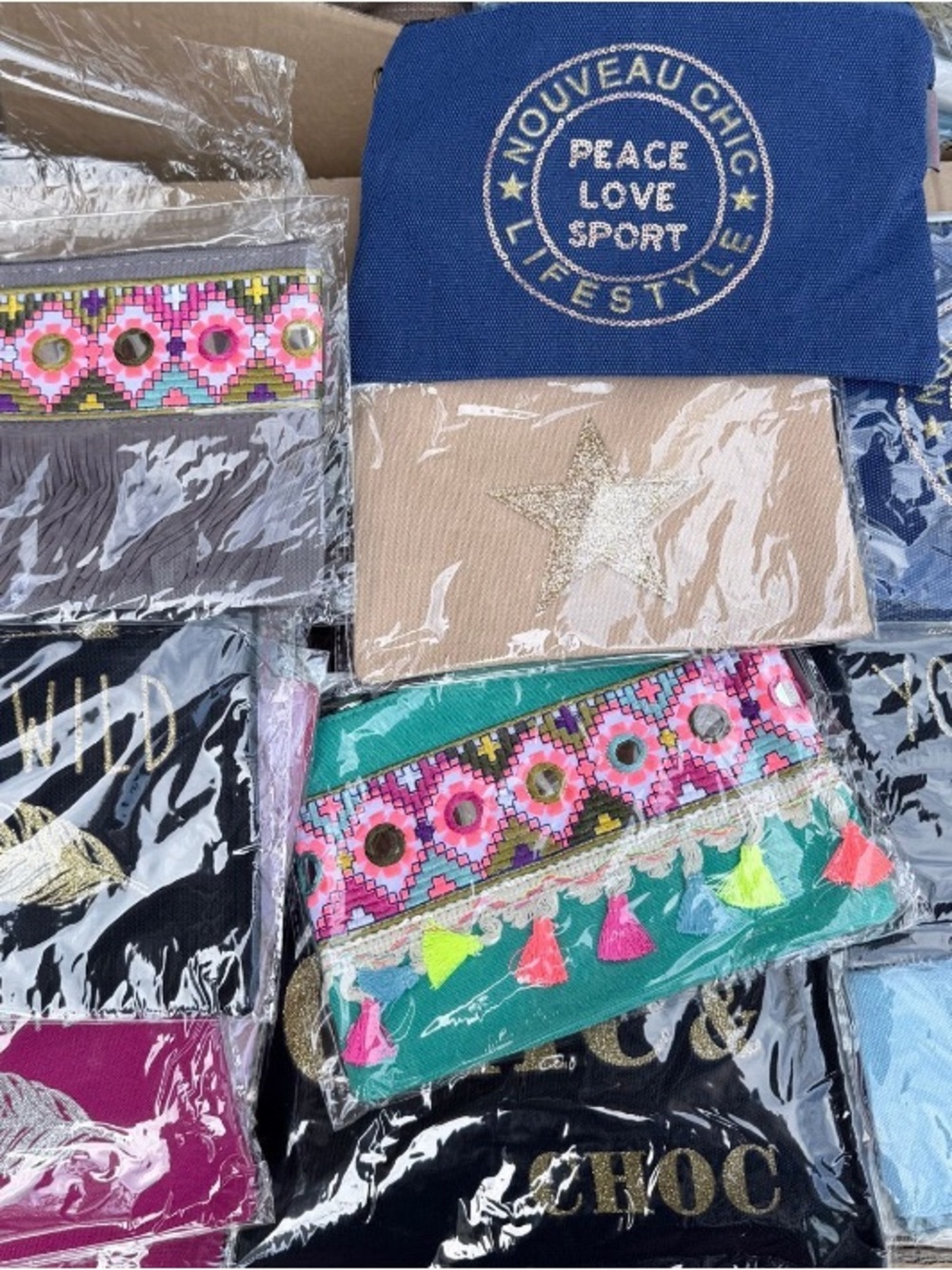 9 pc Canvas Pouch - Fun Tassel & Embroidered Designs